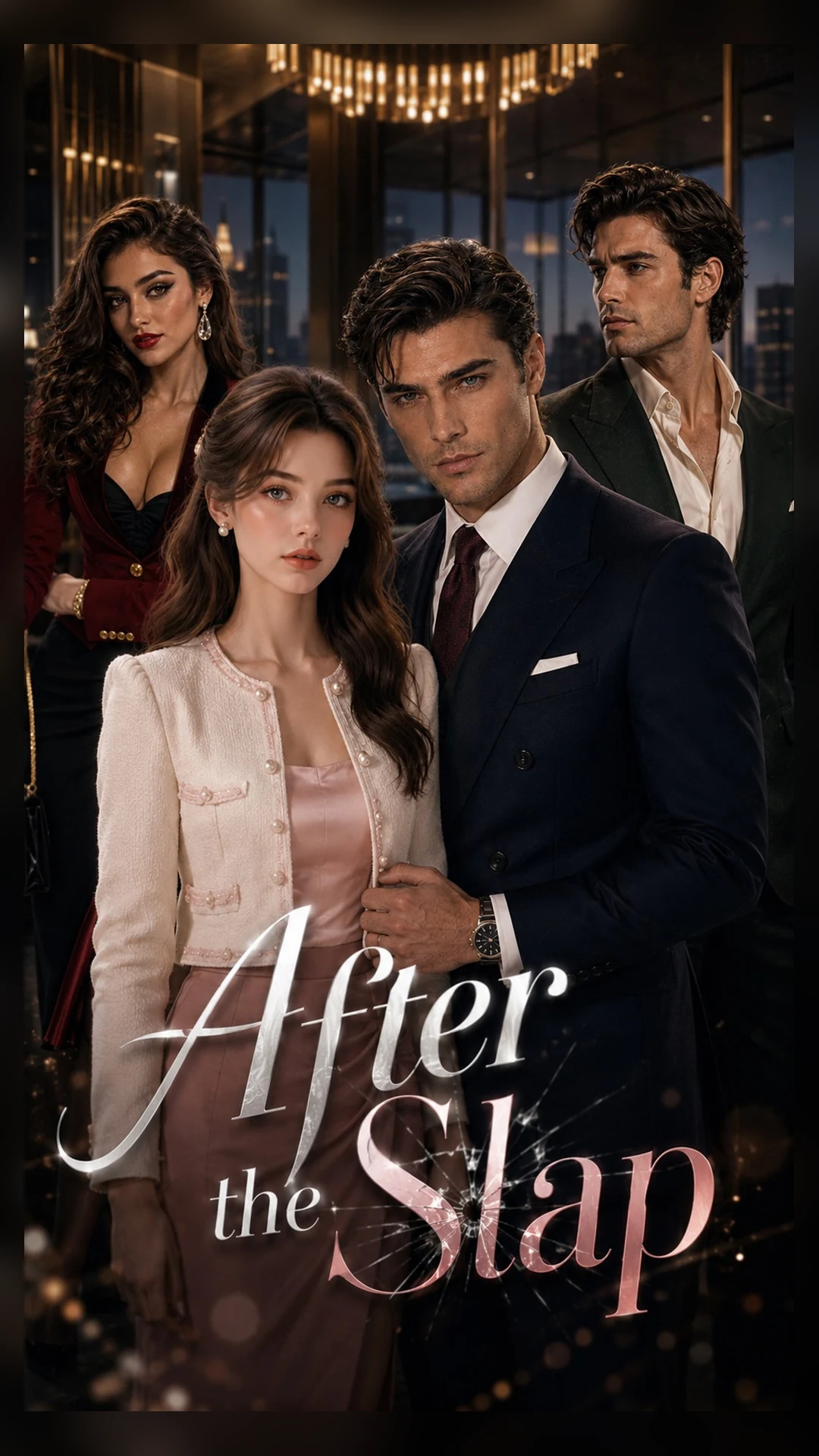 After the Slap：四位身穿正式服装的成年人物处于夜景灯光中