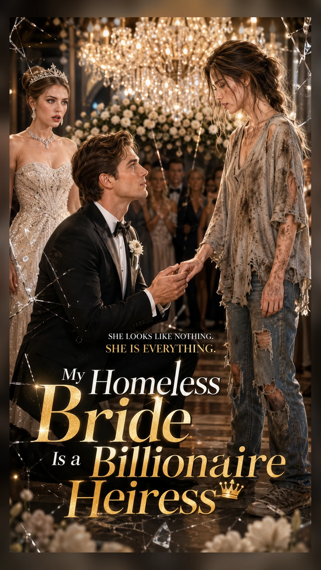 My Homeless Bride Is a Billionaire Heiress：宴会中西装男性单膝跪地握住灰色裙装女性的手